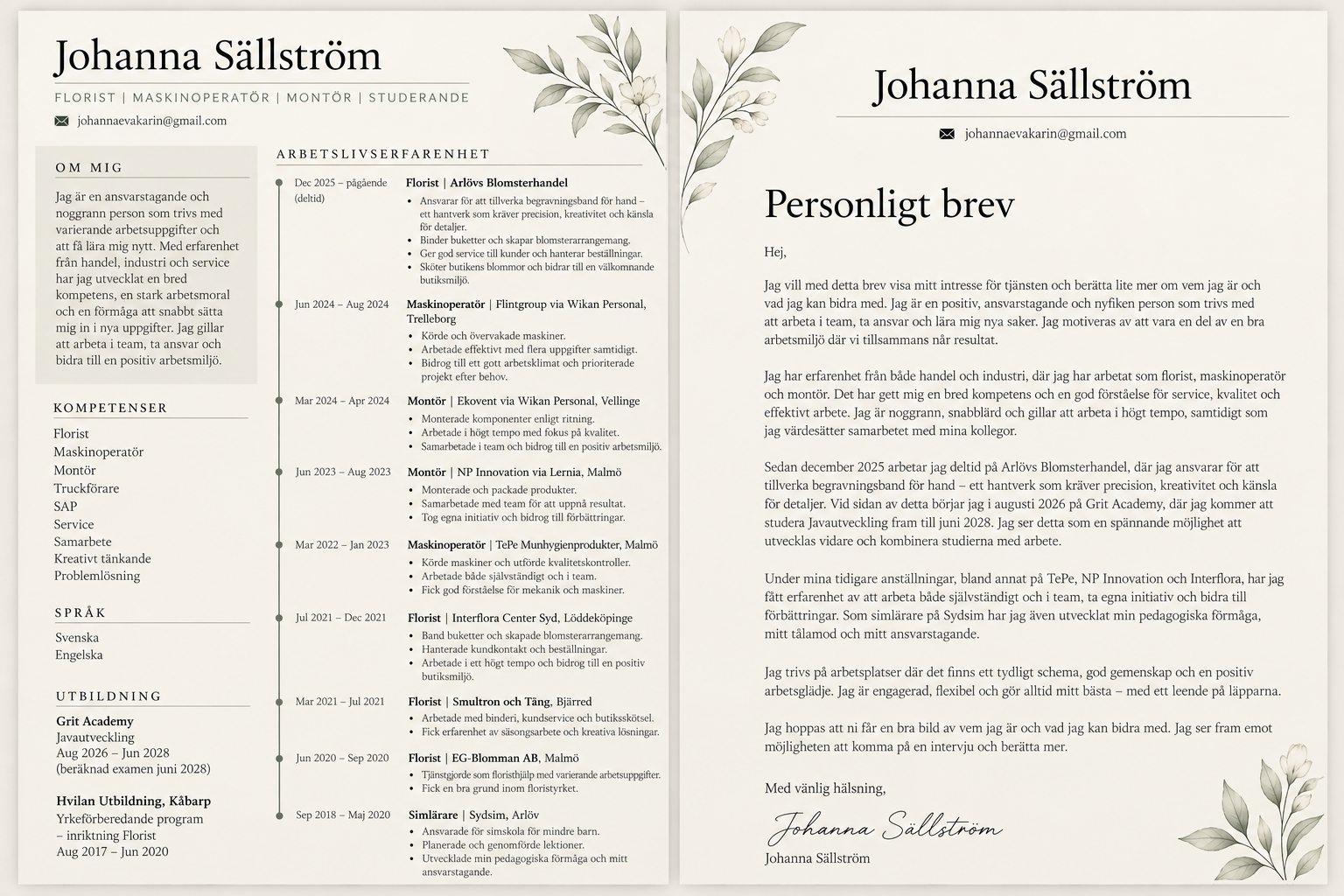 Johanna Sällströms CV och personliga brev